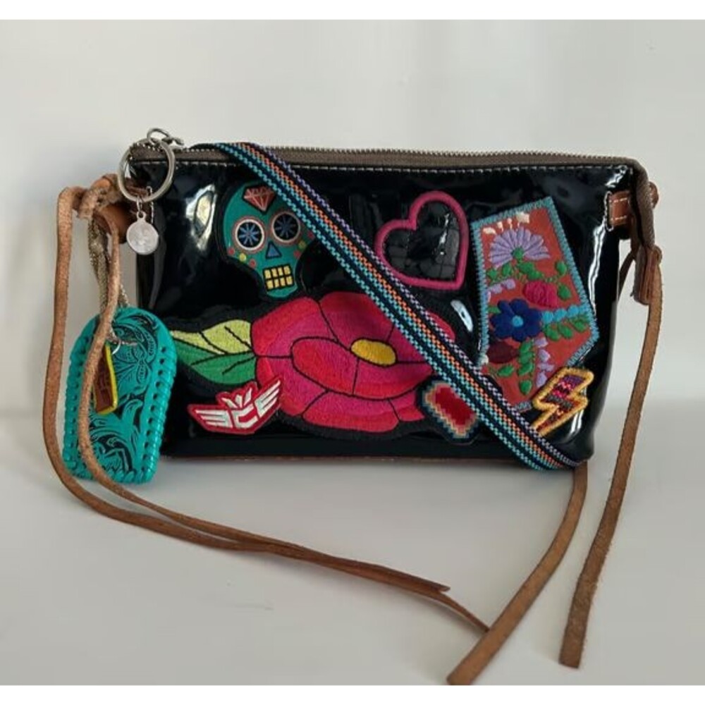 Consuela Viva Crossbody Bag Black Patent Leather Sugar Skull Patches Purse Pouch
